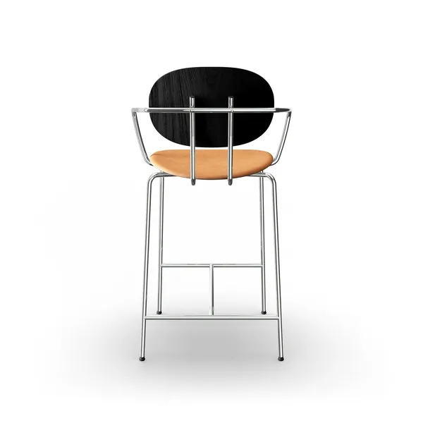 Piet Hein Barstool Chrome with Armrests Black Oak and Cognac Leather