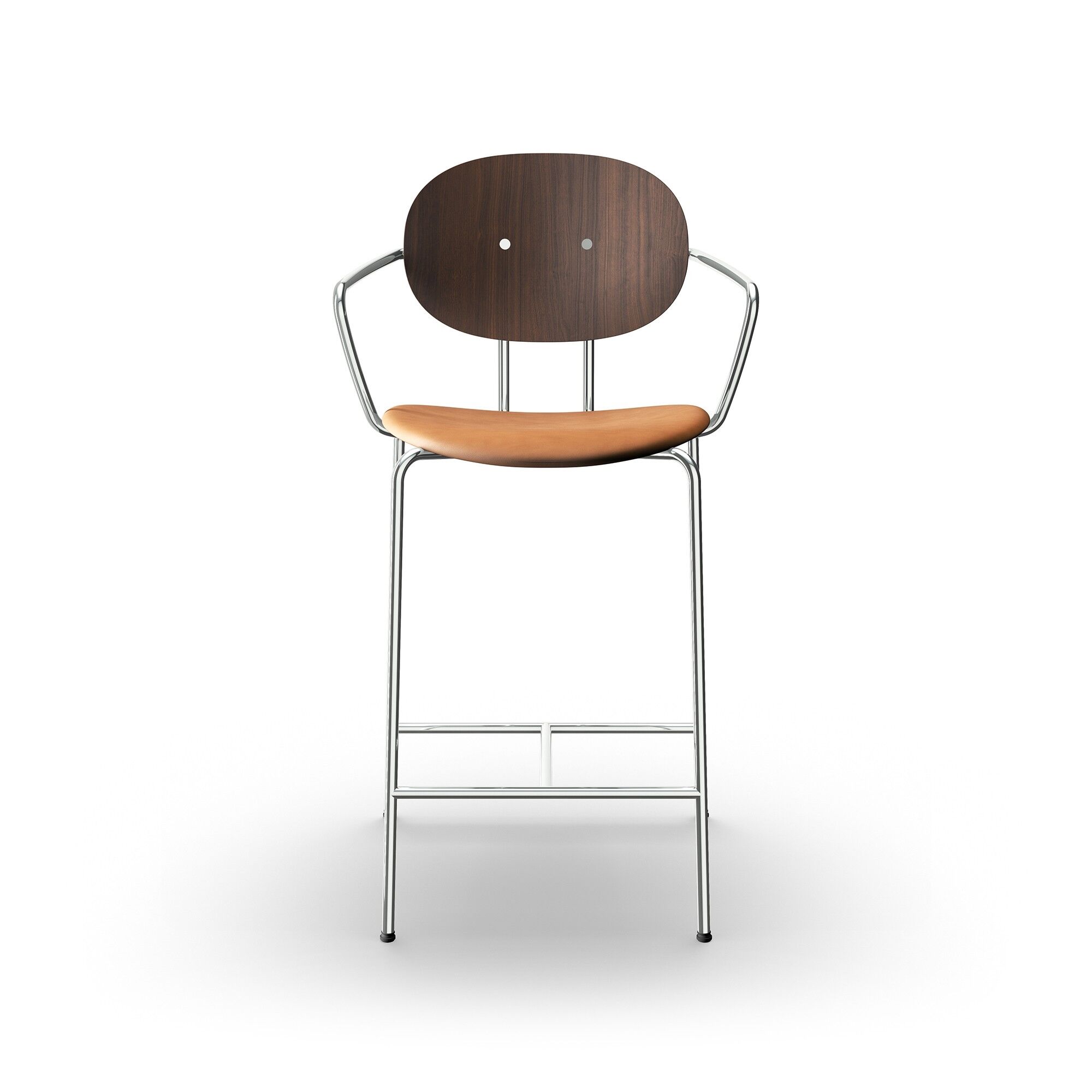 Piet Hein Barstol Krom med Armlæn Valnød og Cognac Læder