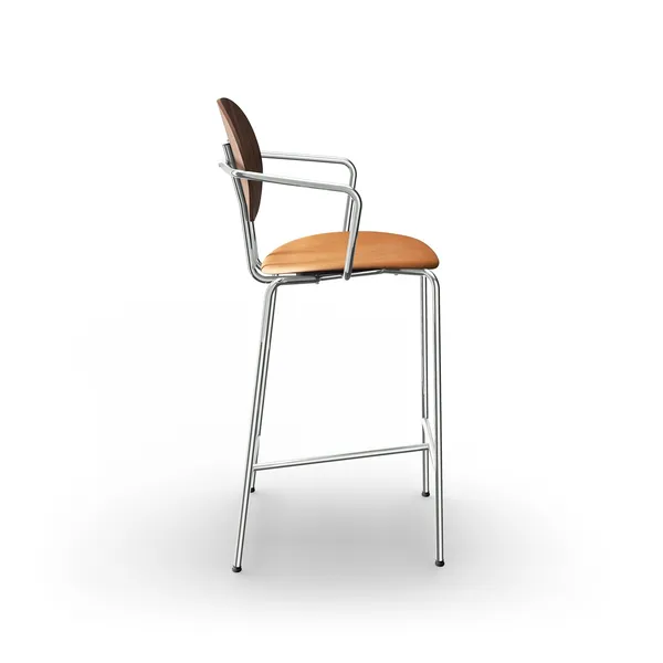 Piet Hein Barstool Chrome with Armrests Walnut and Cognac Leather