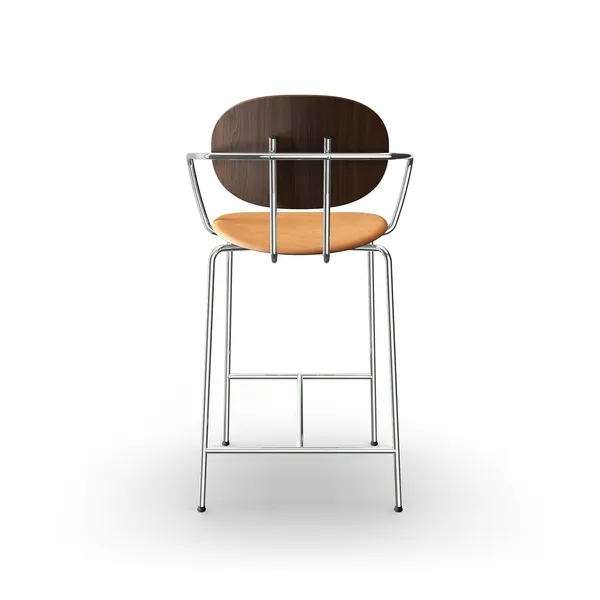 Piet Hein Barstool Chrome with Armrests Walnut and Cognac Leather
