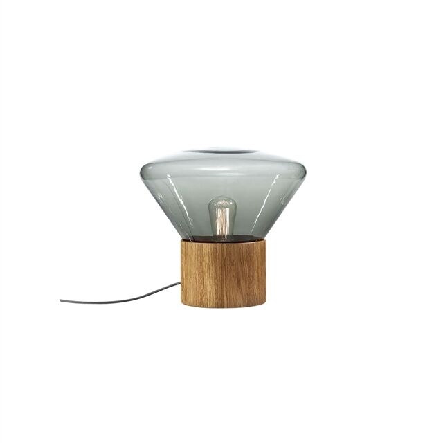 Muffins Wood 01 Bords-/ Golvlampa R&ouml;kf&auml;rgad Glas & Naturlig Ek med Svart Sladd