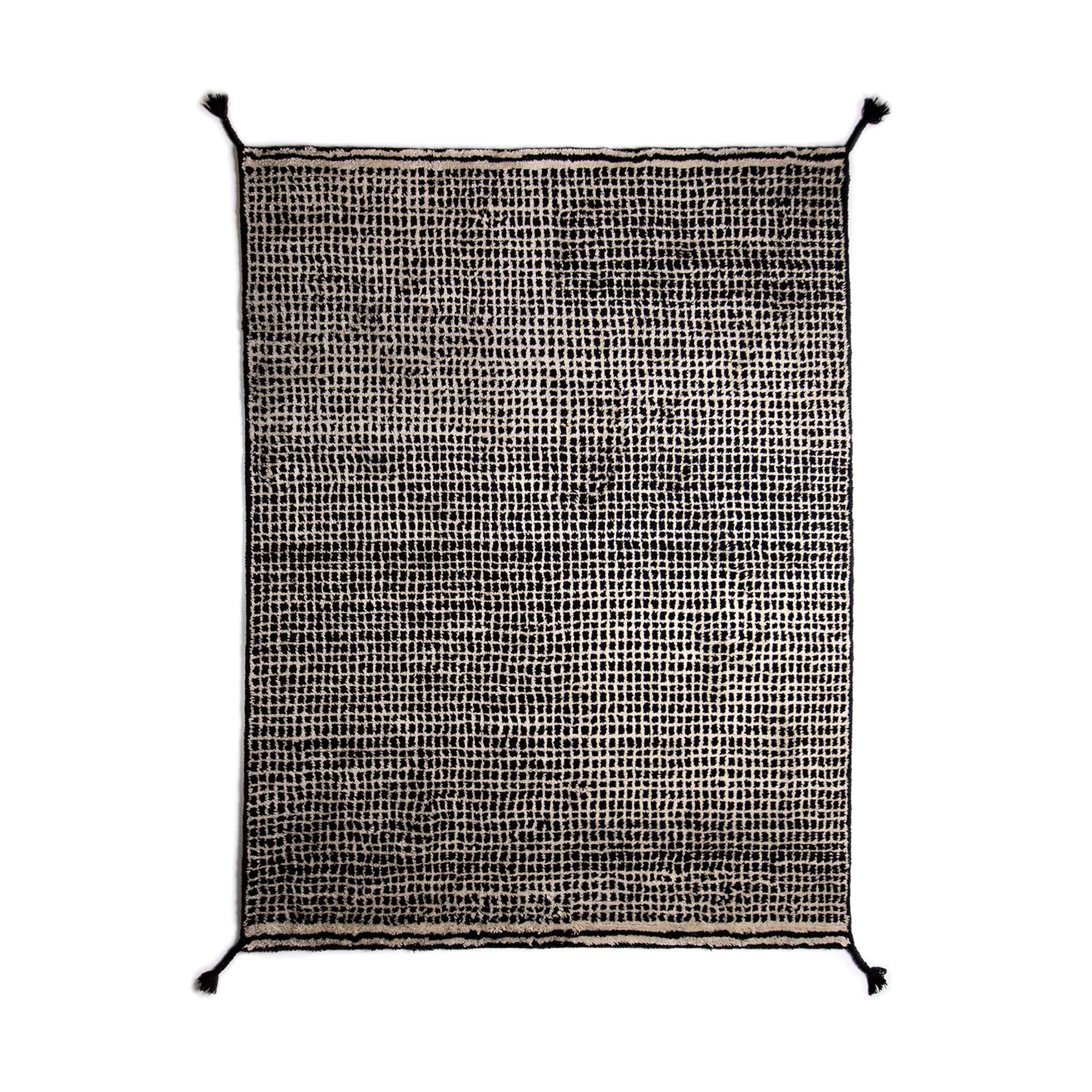 Grid Håndknyttet Ullteppe 140 x 200 cm Hvit/ Sort