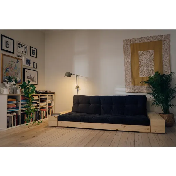 Canapé-lit Base avec coffre latéral, pin laqué transparent/513 bleu pâle