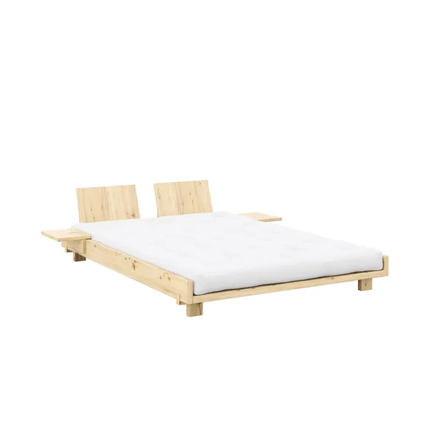 Social Bed Frame With 2 Backrests & Side Table 140x200 Clear Lacquered Pine
