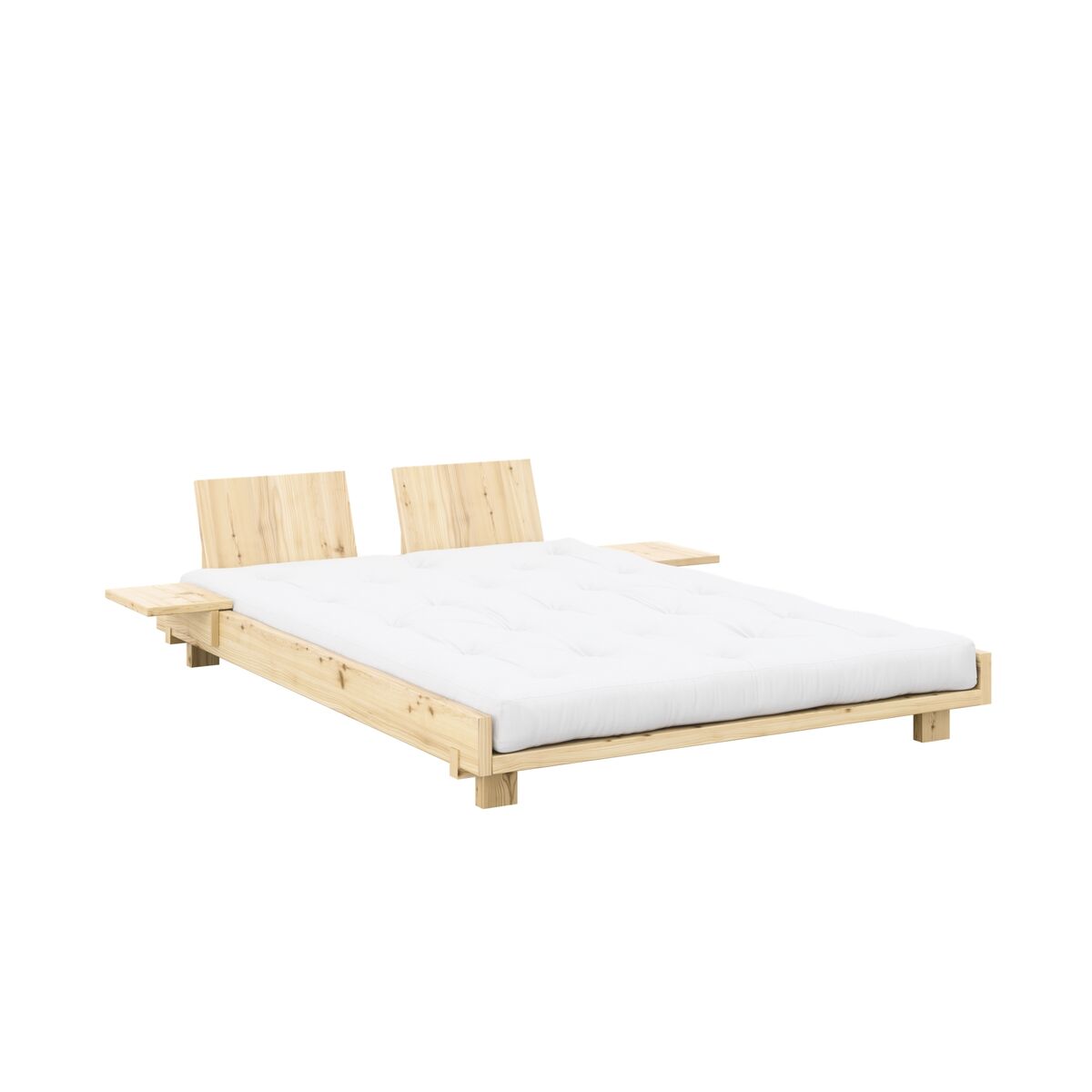 Social Bed Frame With 2 Backrests & Side Table 140x200 Clear Lacquered Pine