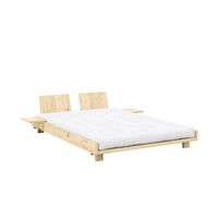 Social Bed Frame With 2 Backrests & Side Table 140x200 Clear Lacquered Pine