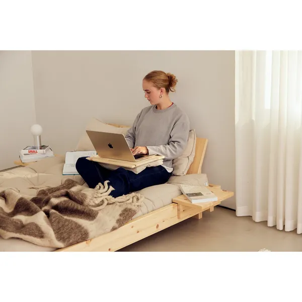 Social Bed Frame With 2 Backrests & Side Table 140x200 Clear Lacquered Pine