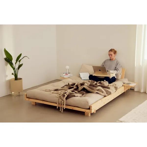 Social Bed Frame With 2 Backrests & Side Table 140x200 Clear Lacquered Pine