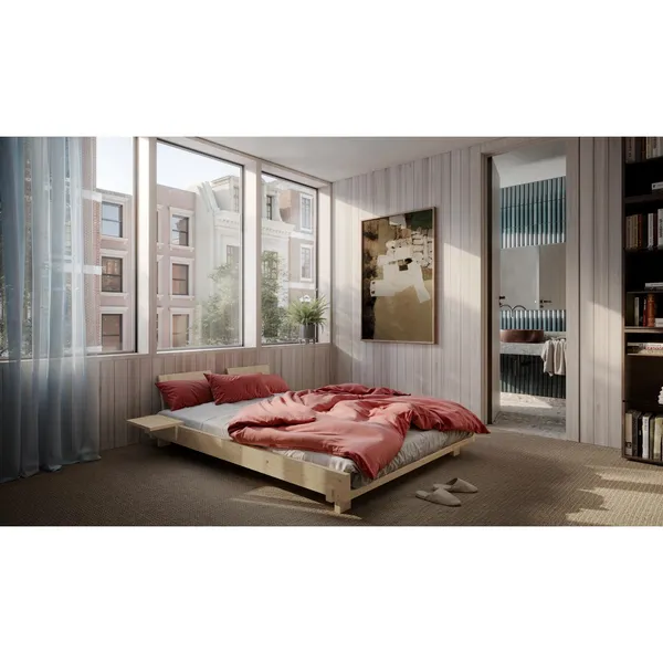 Social Bed Frame With 2 Backrests & Side Table 140x200 Clear Lacquered Pine