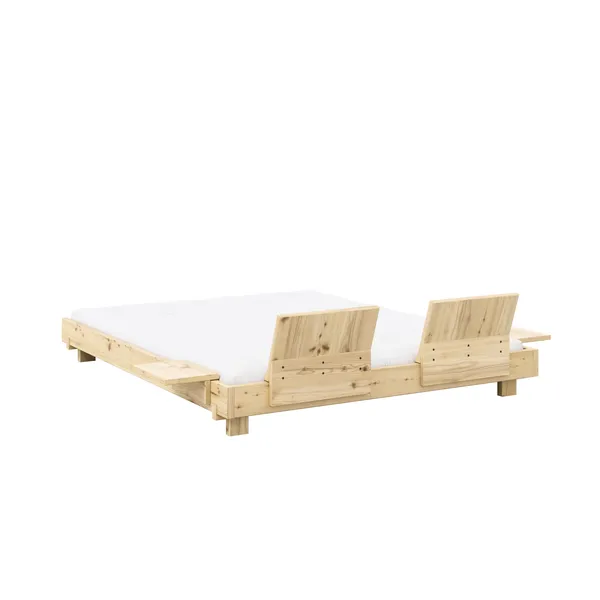 Social Bed Frame With 2 Backrests & Side Table 160x200 Clear Lacquered Pine