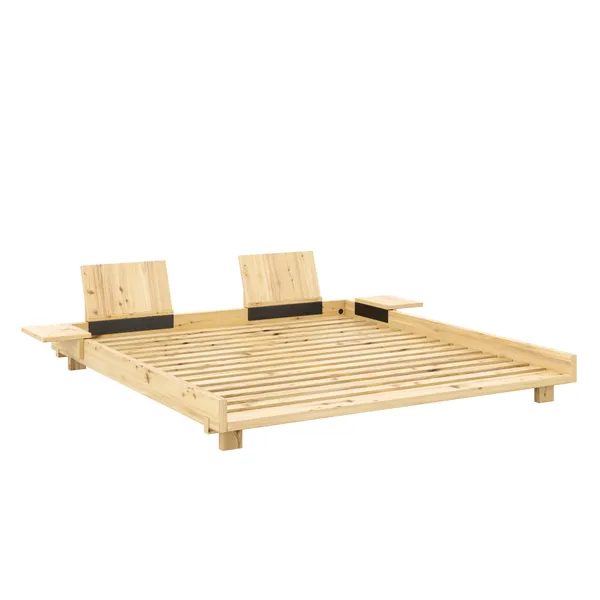 Social Bed Frame With 2 Backrests & Side Table 180x200 Clear Lacquered Pine