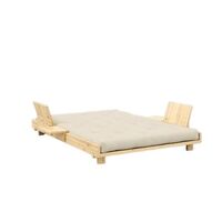 Social bäddsoffa med 2 ryggstöd, sidobord och madrass 140x200 klarlackerad furu/747 Beige