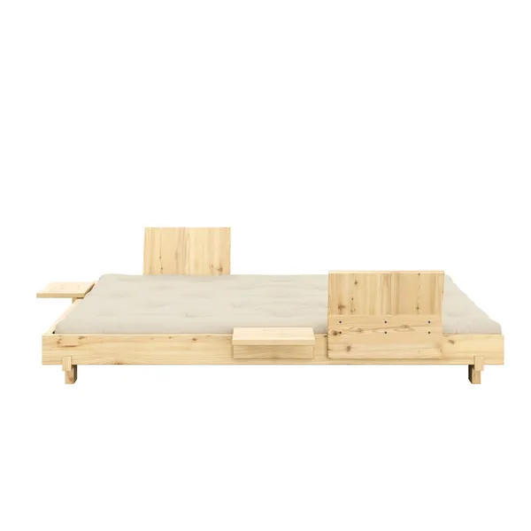 Social Sofa Bed With 2 Backrests, Side Tables & Mattress 140x200 Clear Lacquered Pine/747 Beige