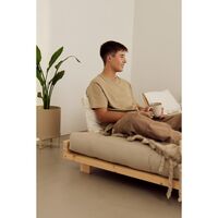 Social Sofa Bed With 4 Backrests, Side Tables & Mattress 140x200 Clear Lacquered Pine/747 Beige