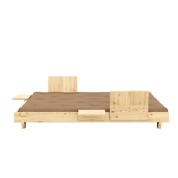 Social Sofa Bed With 2 Backrests, Side Tables & Mattress 140x200 Clear Lacquered Pine/755 Mocca