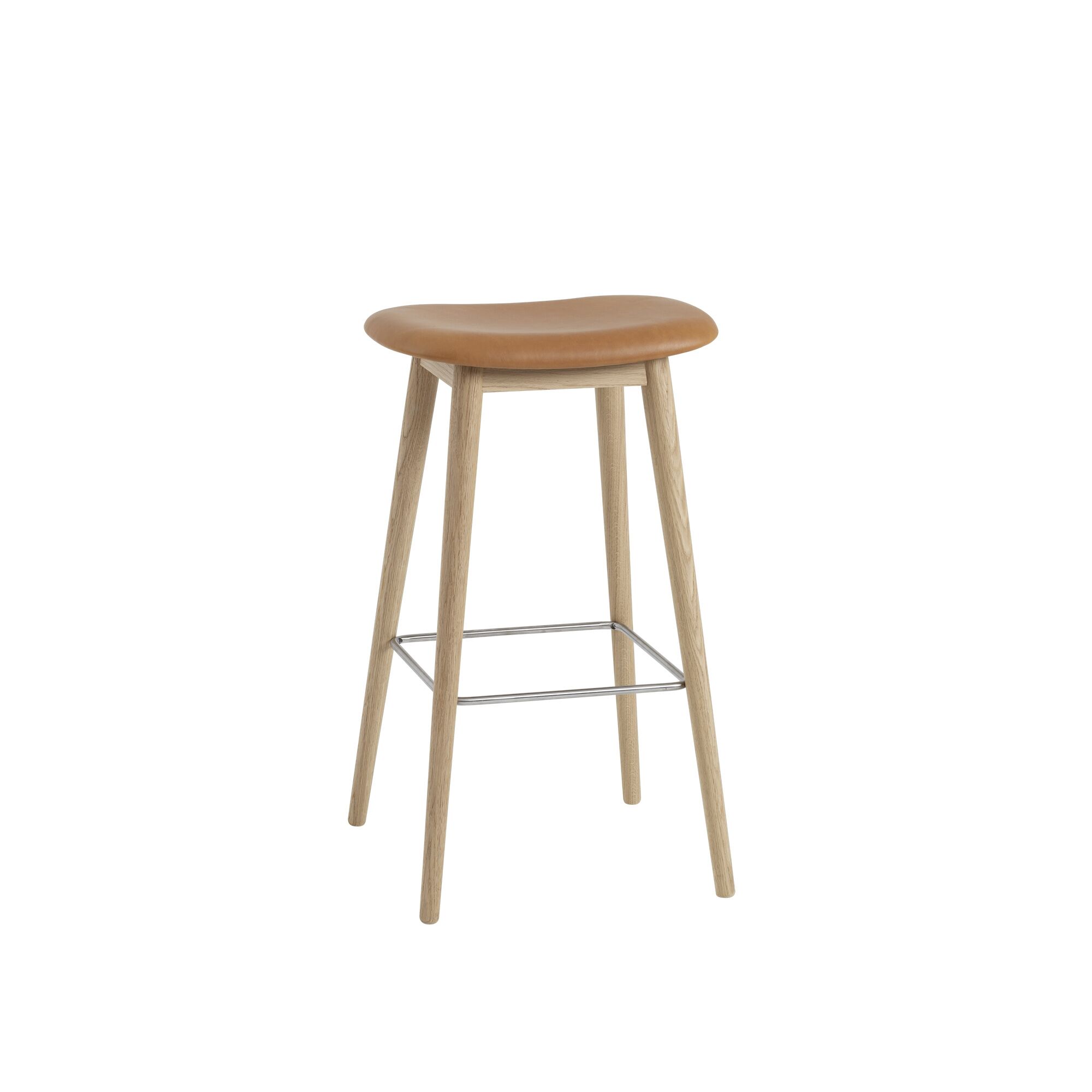 Fiber Barstol med Træ Base Læder Polstret Cognac/Eg H76 cm