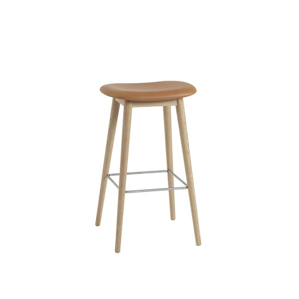 Tabouret de Bar Fiber m. Base en Bois Rembourré en Cuir Cognac/Chêne H76 cm