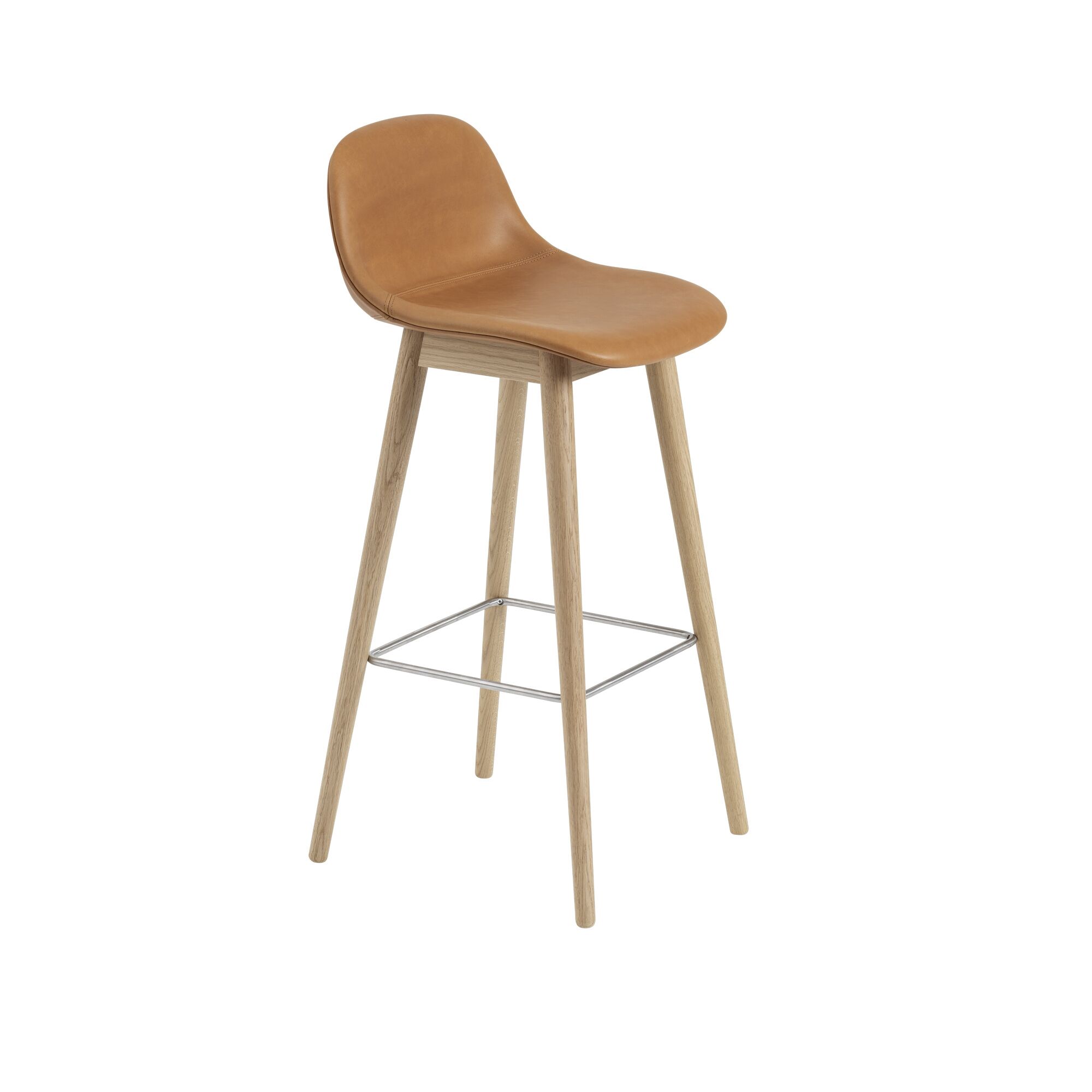 Fiber Barstol med Træ Base Og Ryglæn Læder Polstret Cognac/Eg H97,5 cm