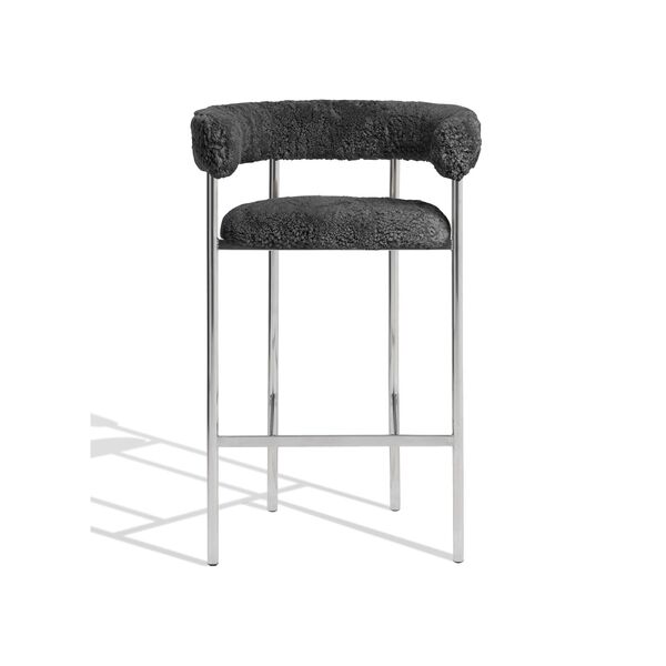 Font Barstol med Armlæn 65 cm Sheepskin Grå/Poleret Stål Stel