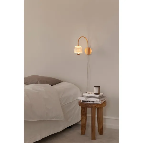 Asteea Wandlamp, Satijn Messing/ Geribbeld, Helder