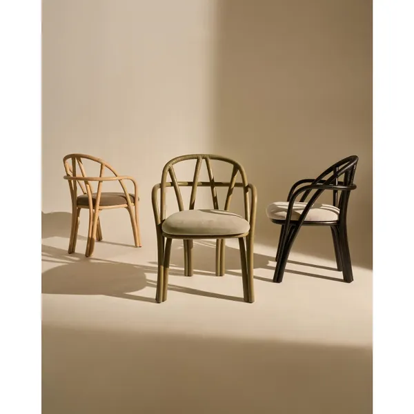 Bistra Dining Chair With Armrests Natural Lacquered Rattan/Fustagno Limonta 002
