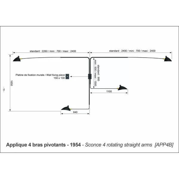 4 Rotating Straight Arms Væglampe Sort