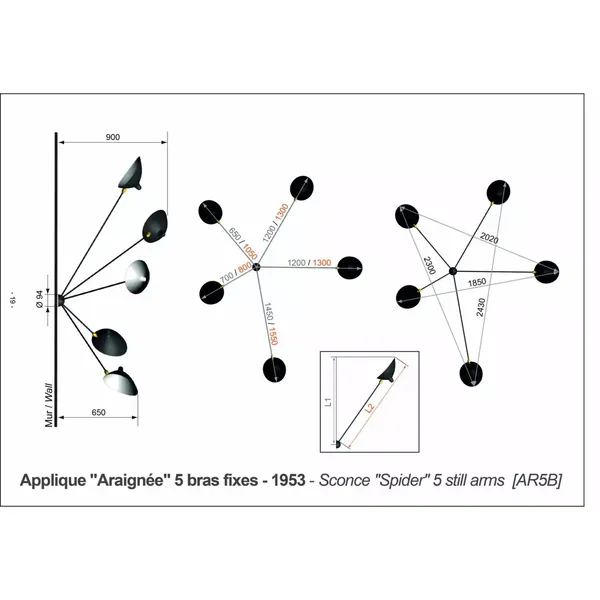 Spider 5 Fixed Arms Wall Lamp Black