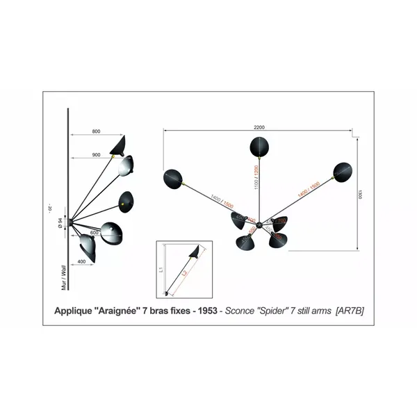 Spider 7 Fixed Arms Wall Lamp Black