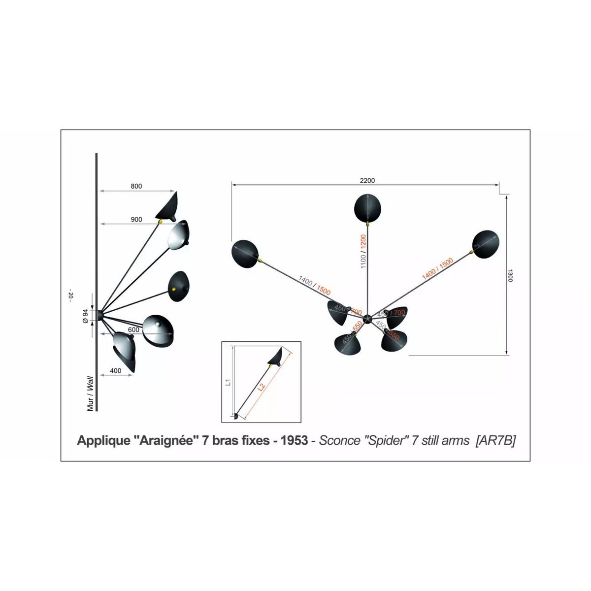 Spider 7 Fixed Arms Wall Lamp Black