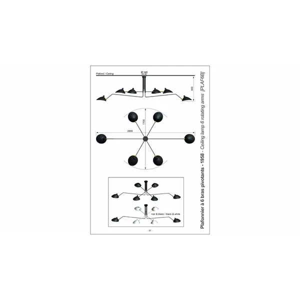 6 Rotating Arms Ceiling Light Black/ White