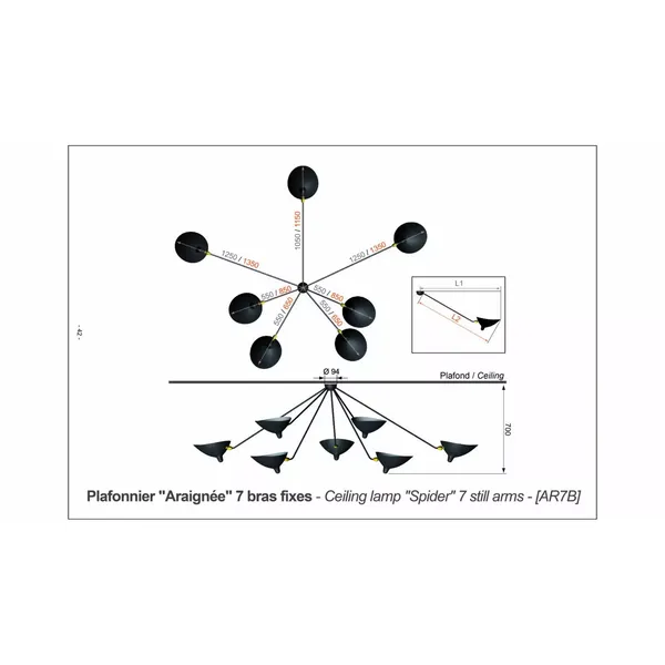 Spider 7 Fixed Arms Ceiling Light Black