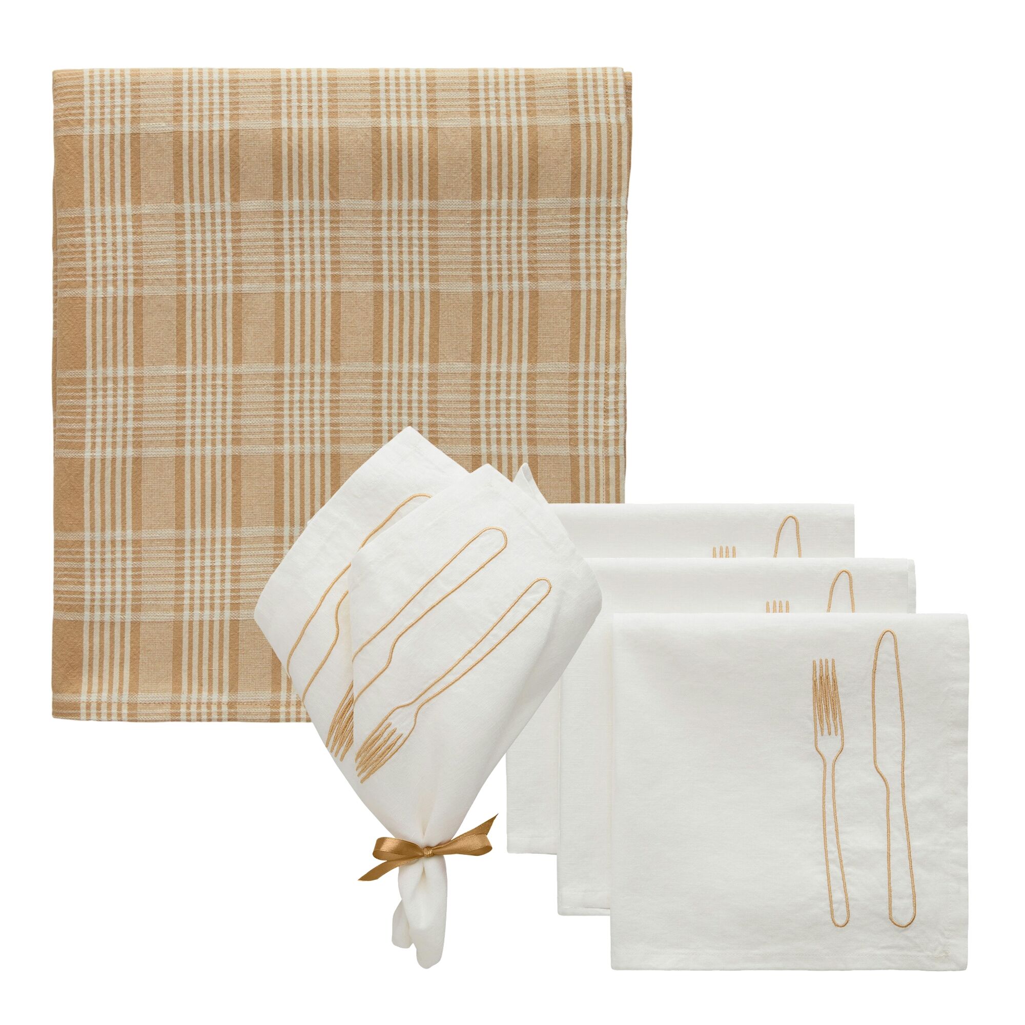 La Tavola & Rita Set Textile 4 Serviettes + 1 Nappe Blanc/Beige/Latte