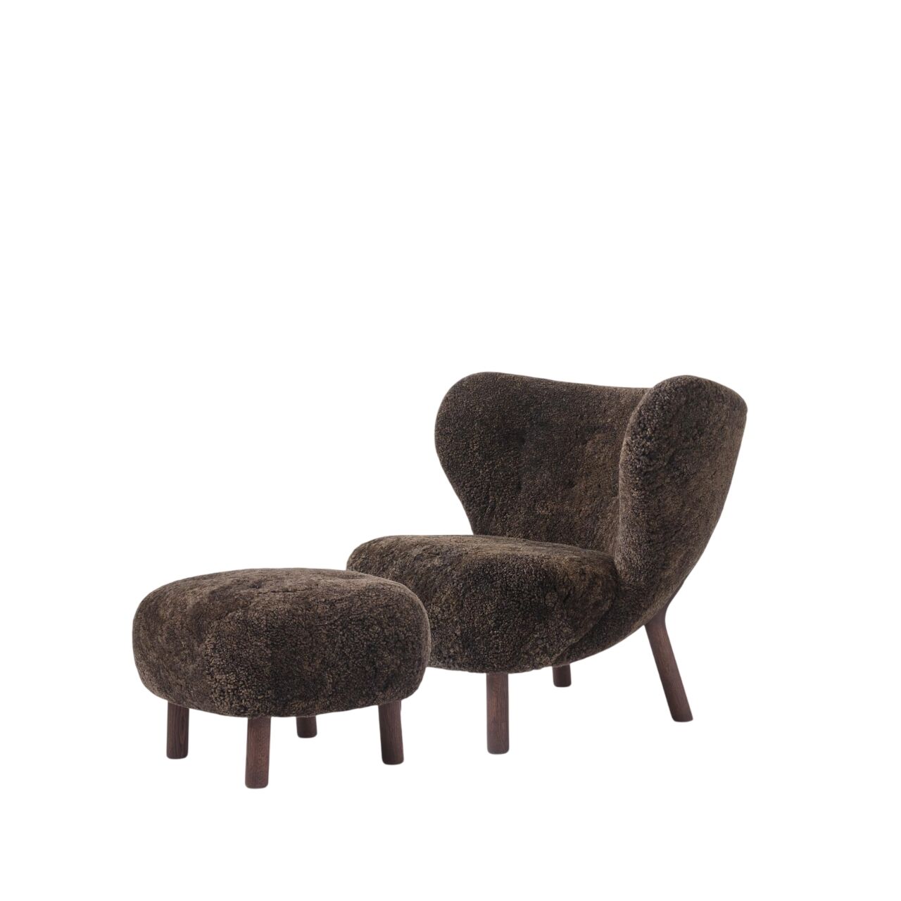 Fauteuil Exclusif Little Petra VB1 en Peau de Mouton Espresso/chêne Teinté Foncé avec Pouf ATD1 Inclus