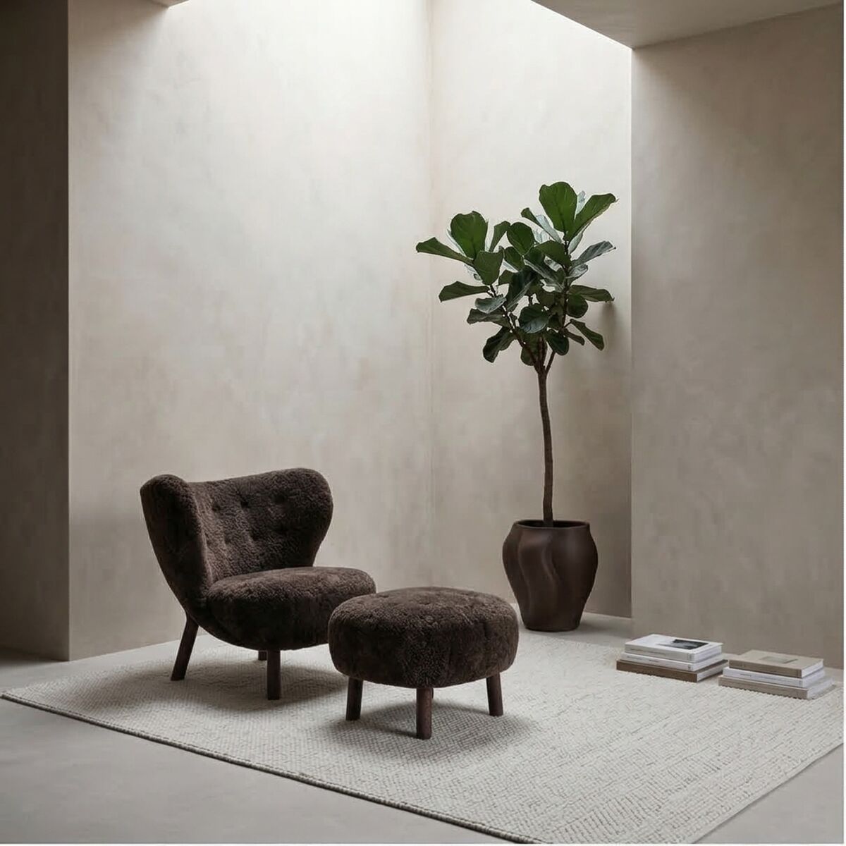 Little Petra VB1 Exclusive Armchair Sheepskin Espresso/Dark Stained Oak Incl. ATD1 Pouf