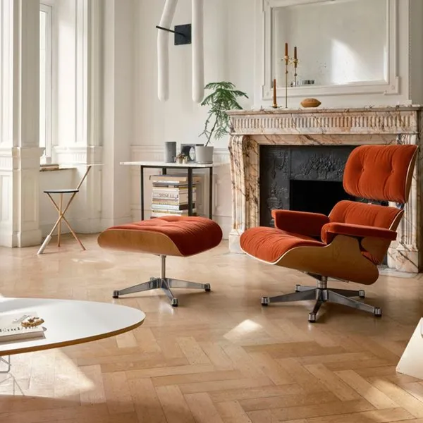 Eames Armchair With Ottoman Calma Cognac/Aluminum/Chestnut