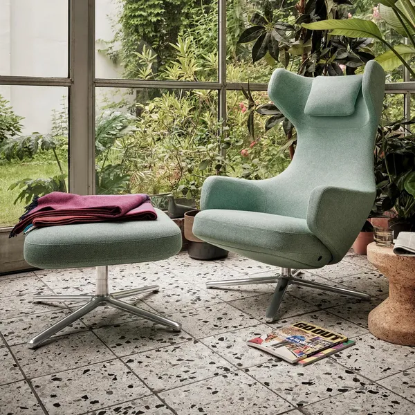 Grand Repos Armchair With Ottoman Dumet Pebble Melange/ Chrome