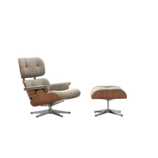 Eames Lnestol Med Ottoman Naturlig Valnd/05 Cream/Mrkebrun/Aluminium