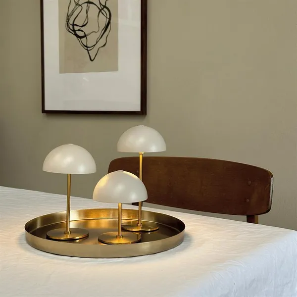 Along Mini draagbare tafellamp LED, set van 3 stuks met dienblad, beige/messing