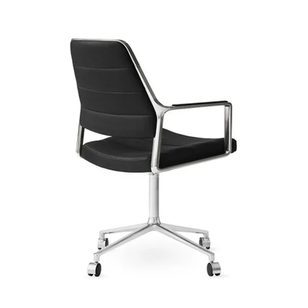 Vipp 455 Drehstuhl mit Rollen Poliert/Schwarzes Leder