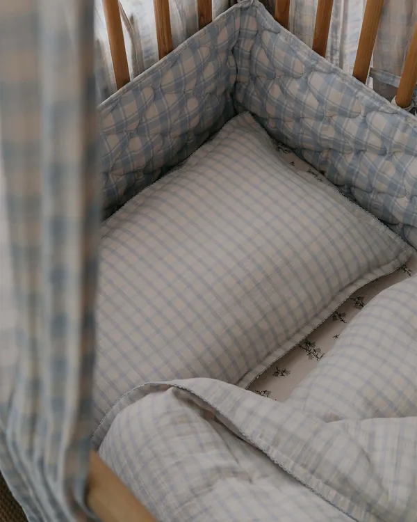 Gingham Sky Blue Muslin Bäddset Junior 100x130 + 35x55 cm