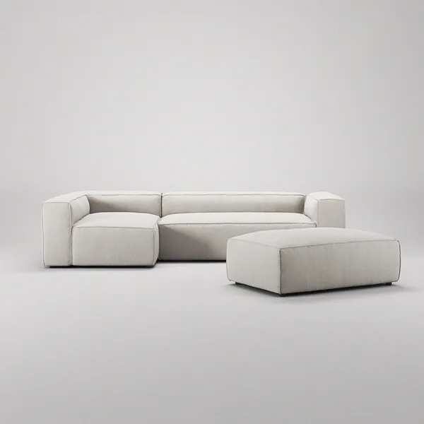 Grand 4-Sitssoffa Divan Vänster öppet avslut Med Fotpall Minetyg Moon White