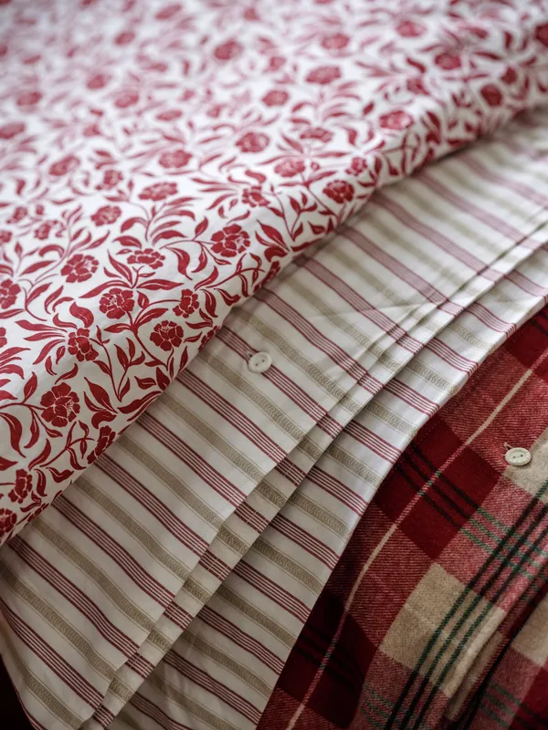 Dobby Striped Cotton Poplin Sengesett Hvit / Beige / Rød 220x220 cm
