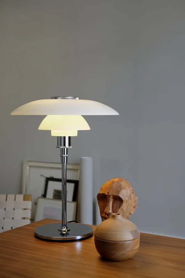 PH 4½-3½ Glas Bordslampa Förkromad/Vitt Opalglas