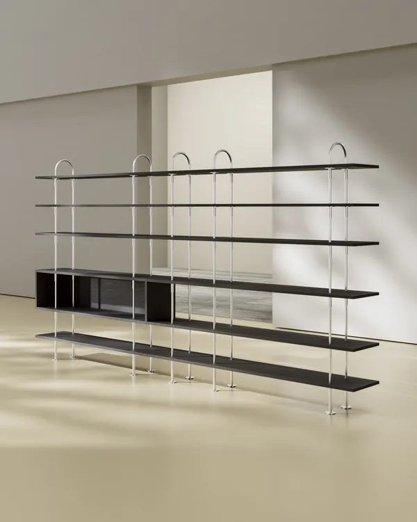 Keen Hyldesystem Med 6 Hylder 96 cm Satinpoleret Rustfrit stål / Sortbrun bejdset Ask