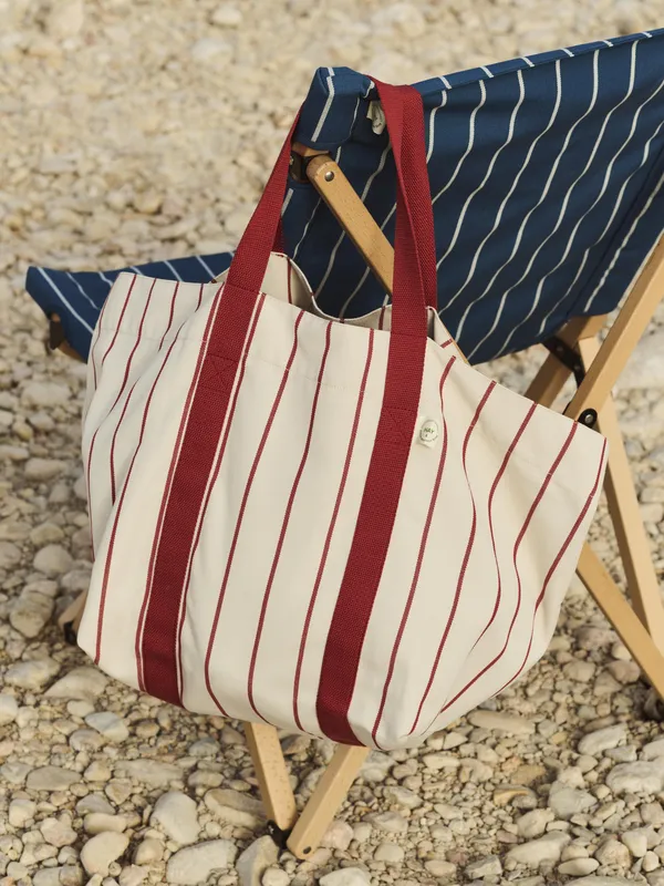 Outdoor Market Picnic Bag Medium Beige With Red Stripe