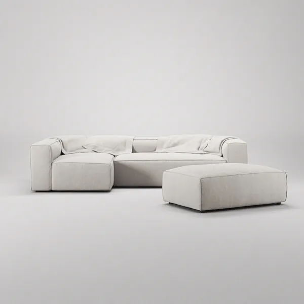 Grand 4-Sitssoffa Divan Vänster öppet avslut Med Fotpall Minetyg Moon White