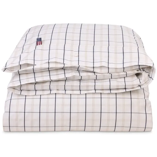Checked Cotton Poplin Dynetrekk Hvit / Beige / Marineblå 220x220 cm