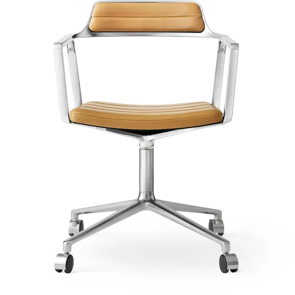 452 Swivel Chair With Wheels Polished Aluminium / Camel Coloured Leather