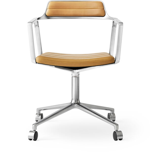 452 Swivel Chair With Wheels Polished Aluminium / Camel Coloured Leather