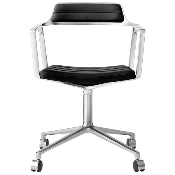 452 Swivel Chair With Wheels Polished Aluminium / Black Leather
